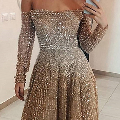 SC2031 Internet celebrity new style long autumn and winter shiny one-shoulder long-sleeved tube top dress