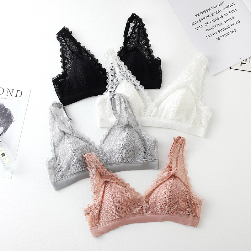 Silk Underwear Women's Non-Rim Bra Lace Summer Breathable French Triangle Cup Small Chest Bra Mulberry Silk Thin