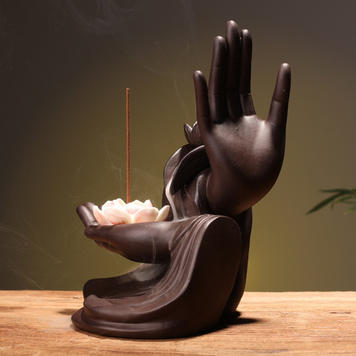 Purple sand backflow incense burner Zen Buddha's hand sandalwood burner home indoor antique aromatherapy burner large incense creative ornaments