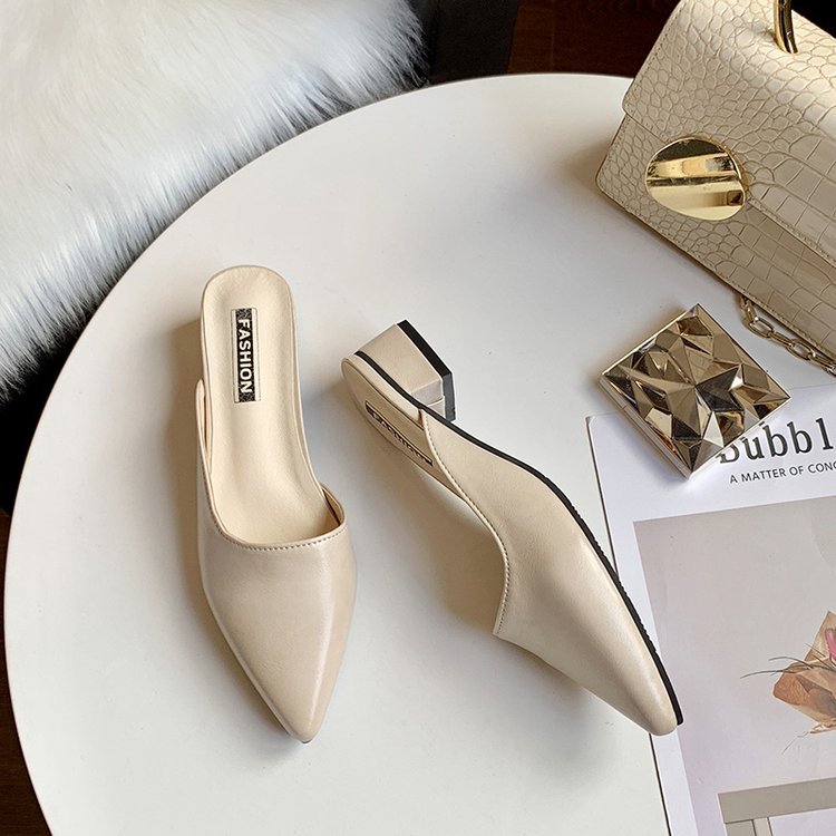 2023 verano nuevo dedo del pie puntiagudo mediados tacón de las mujeres zapatillas estilo coreano al aire libre Muller zapatos