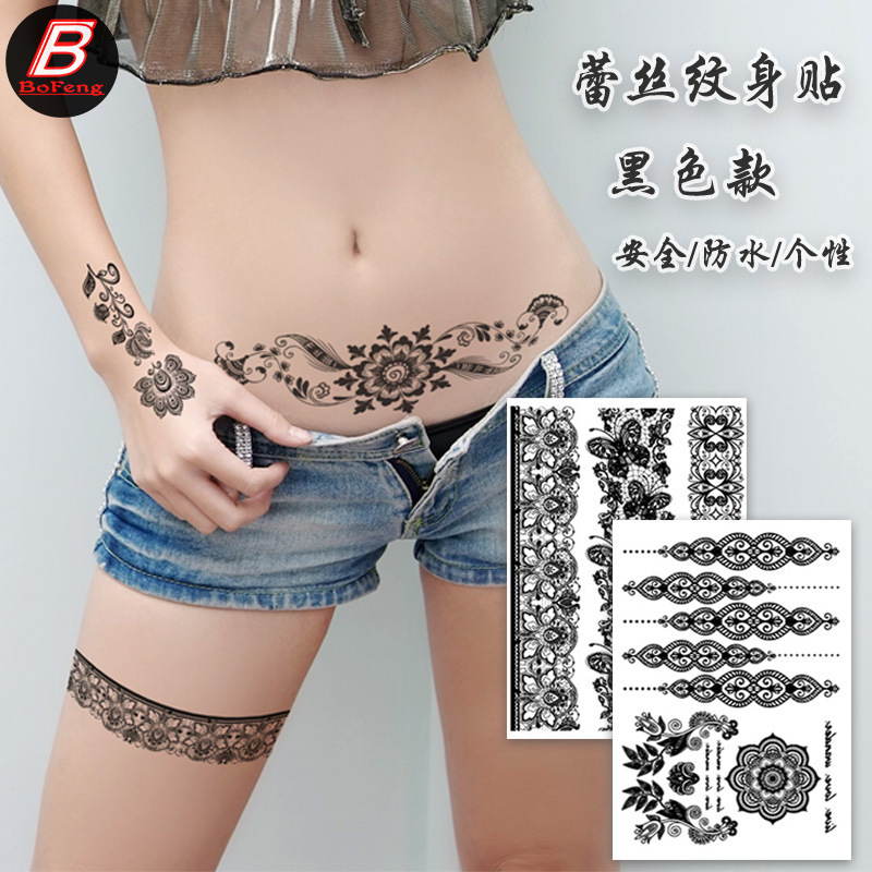New black Hannah lace waterproof tattoo stickers cross-border explosions European and American fashion temporary environmental protection tattoo stickers