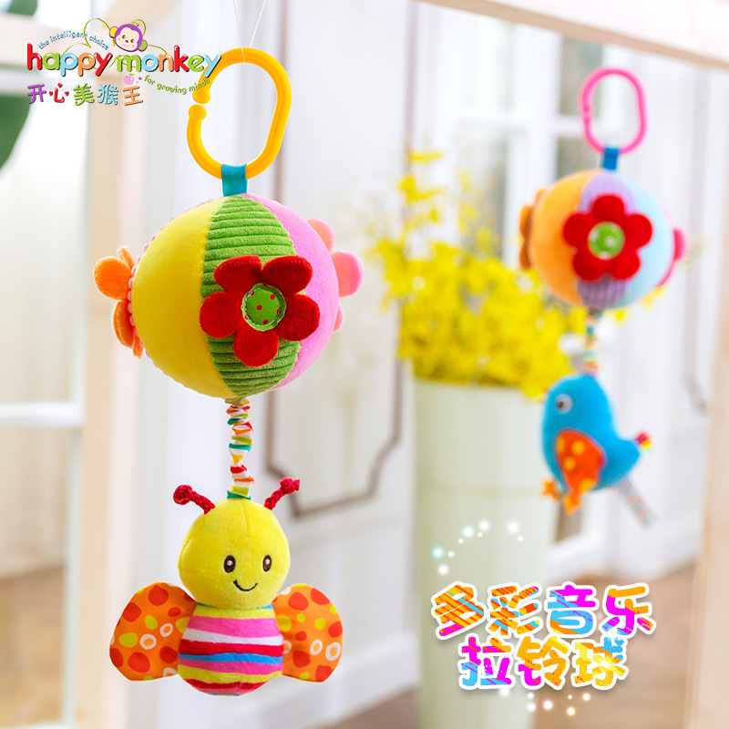 Feliz mono bebé coche colgante cama colgante cordón paño bola juguete bebé calmante mano bola de peluche cama Bell