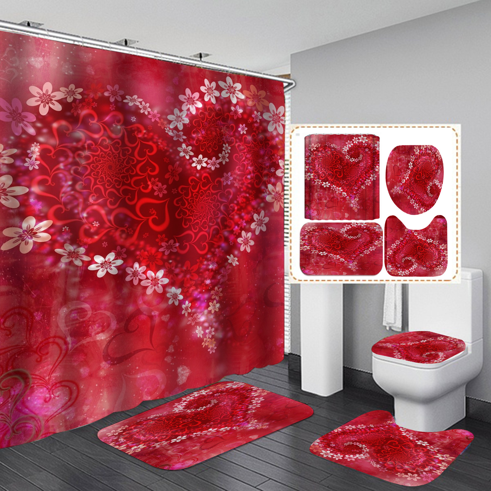Día de San Valentín transfronterizo caliente impresión digital de poliéster impermeable baño Cortina de ducha cortina de suministro directo de fábrica al por mayor