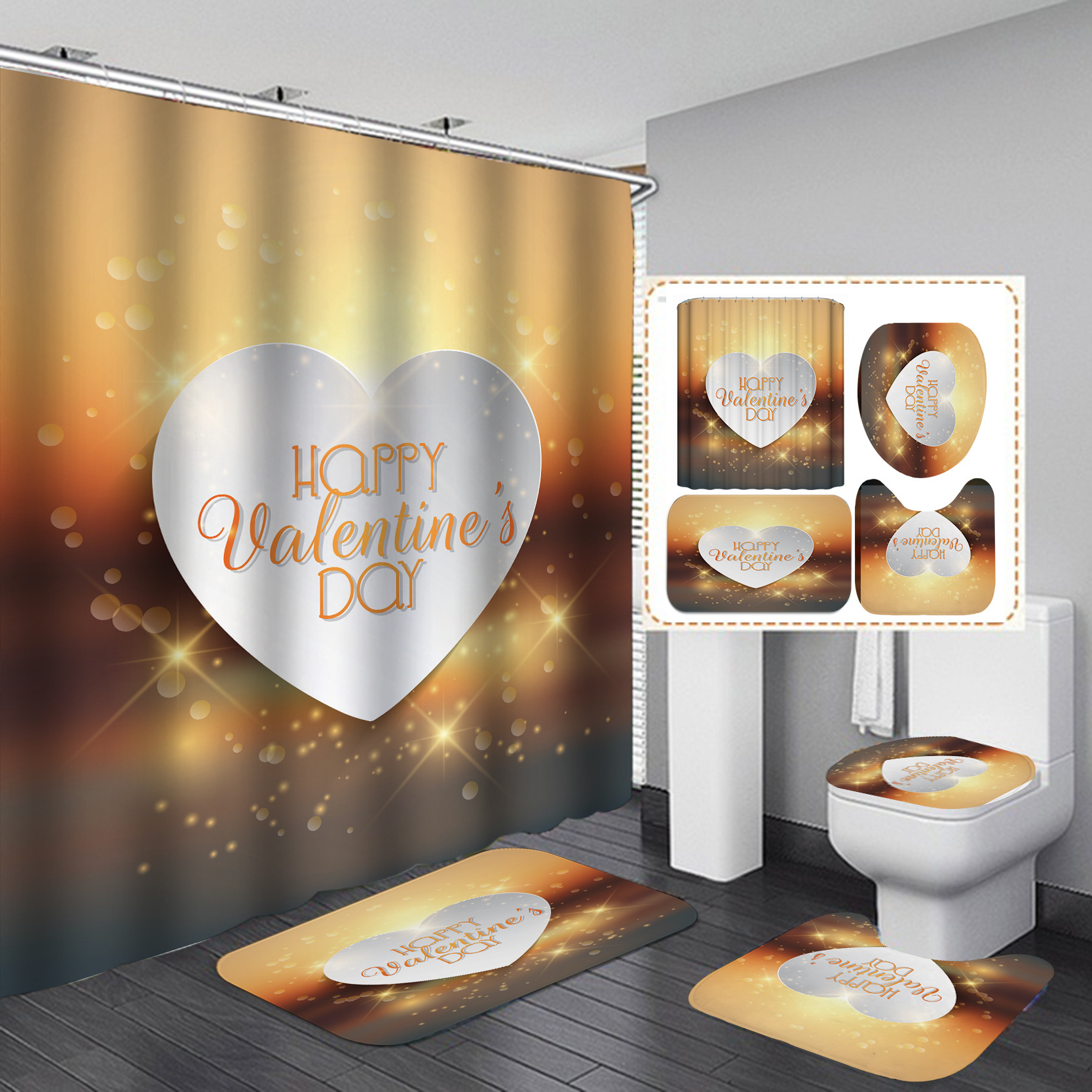 Día de San Valentín transfronterizo caliente impresión digital de poliéster impermeable baño Cortina de ducha cortina de suministro directo de fábrica al por mayor