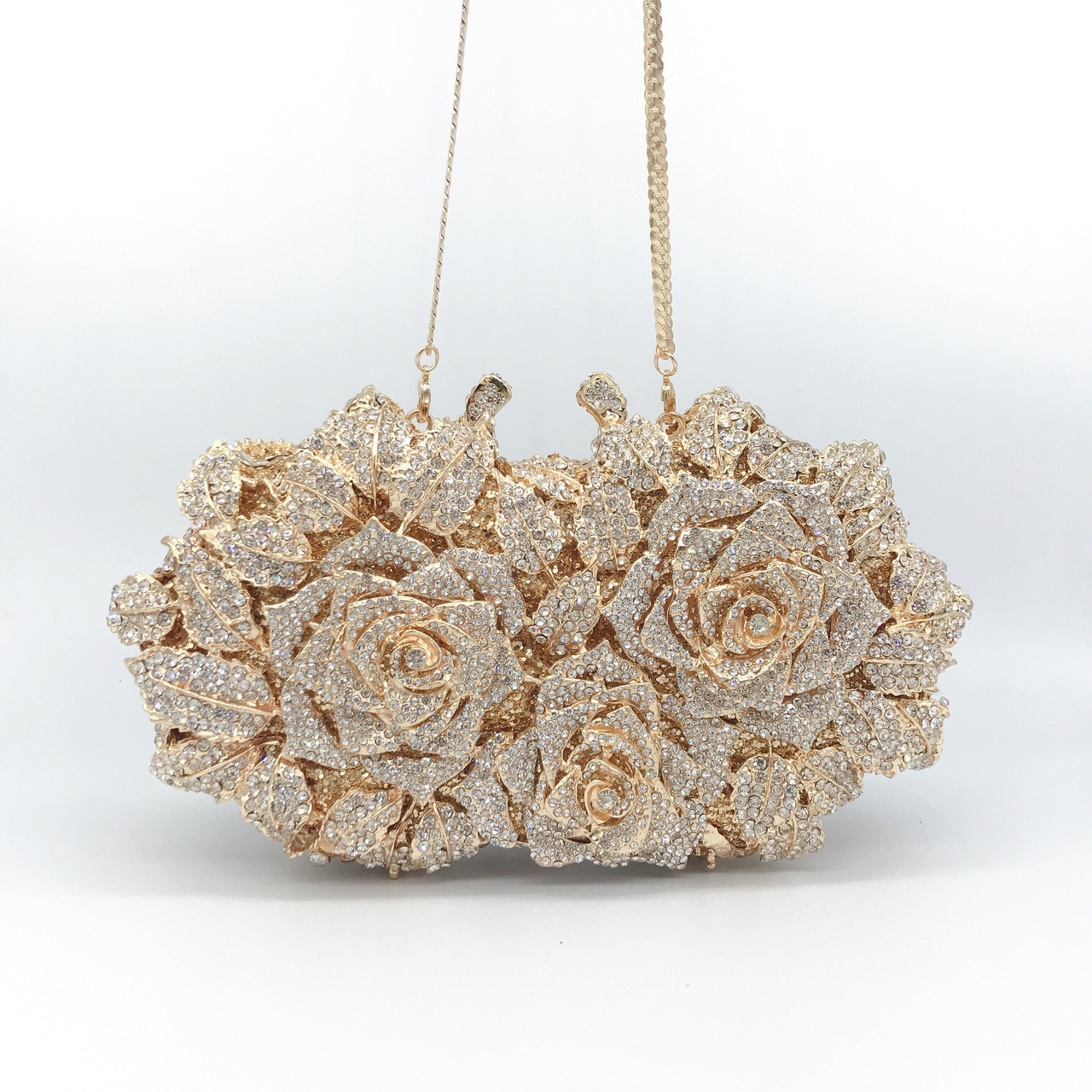 Premium Hollow-Out Rose Diamond Evening Bag Metal Hard Box Clutch For Women's Formal Gowns - Thumbnail 3