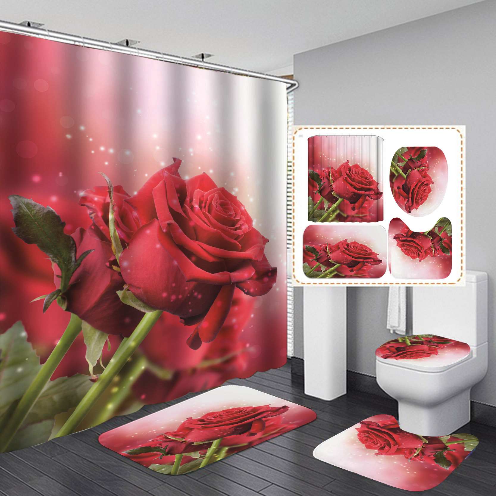 Cortina de ducha y cortina de ventana de poliéster con estampado digital 3D de rosas para el Día de San Valentín, la más vendida en Amazon para ventas transfronterizas.