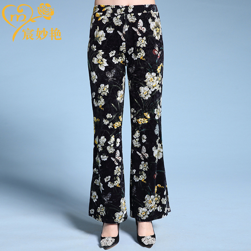 Chen Miaoyan Autumn New Mother's Pants Middle-aged and Elderly Gold Velvet Printed Long Straight Waist Pants