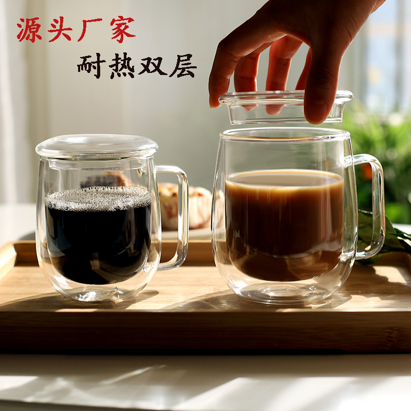 Directo de fábrica resistente al calor de doble capa de vidrio taza de café taza creativa con mango de vidrio de borosilicato taza de agua de impresión