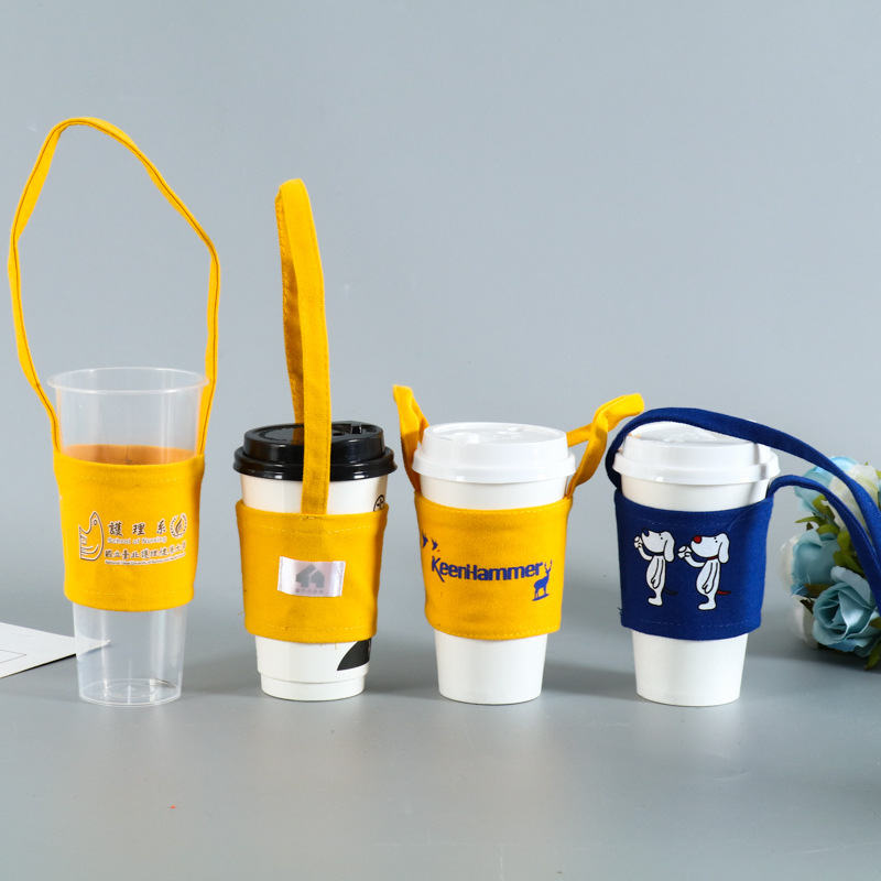 手摇饮料杯套 奶茶咖啡杯打包袋 隔热手提帆布袋杯套定制logo
