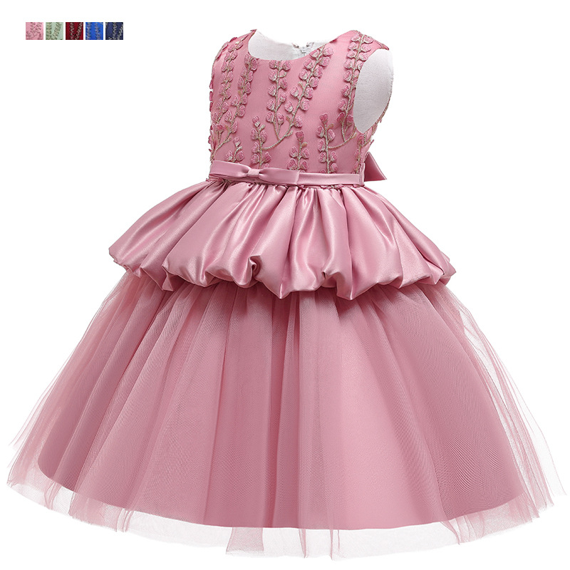 2024 New Children's Dress Embroidered Small Bow Princess Dress Mesh Puff Dress Cake Dress Satin Evening Dress