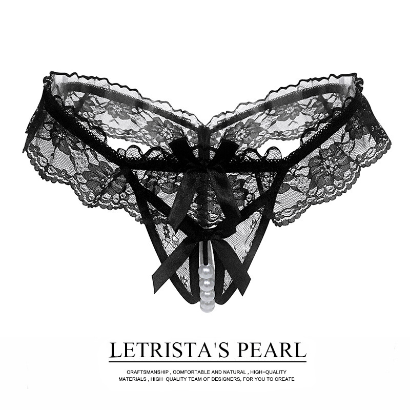 Sexy Open-Crotch No-Need-To-Remove Panties for Women, Low-Waist Pearl Massage Lace Seductive Thong G-String