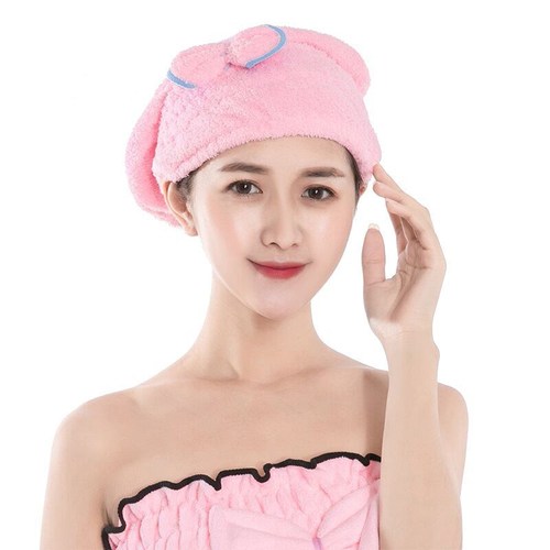 Coral velvet dry hair cap with bow, cute shower cap for women, quick-drying hair cap, shower cap