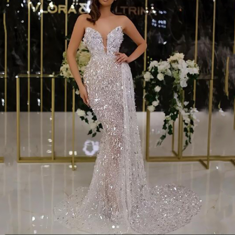 2025 Cross-Border Summer New European and American Clothing Suspender Sexy V Neck Dress Hot Silver Fashion Sexy Evening Dress