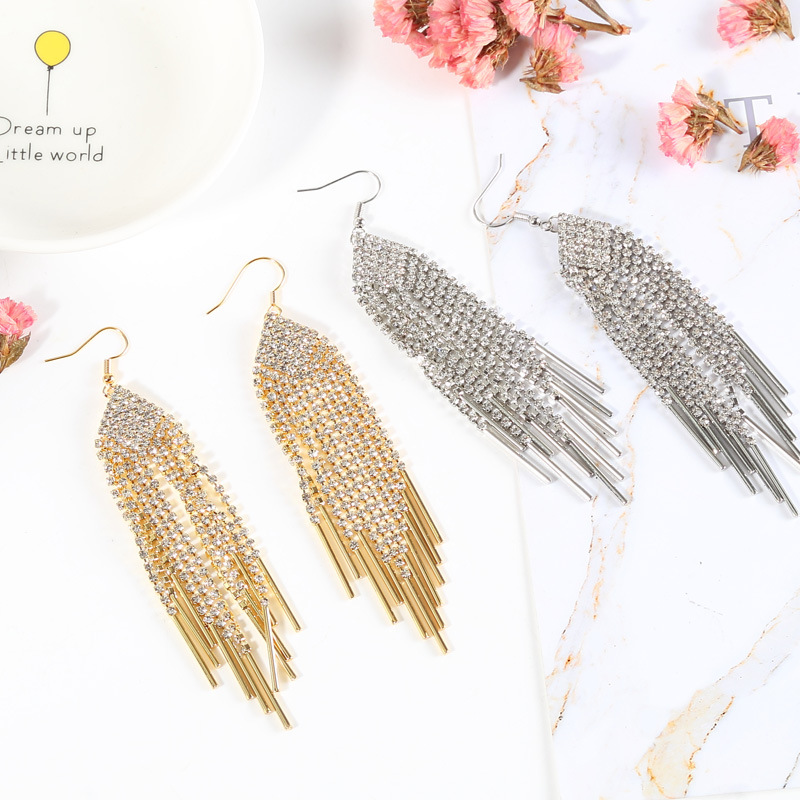 Pendientes largos geométricos con borlas y diamantes para mujer, estilo coreano, aretes sexys y exagerados, joyería de oreja de lujo ligero y exquisita.
