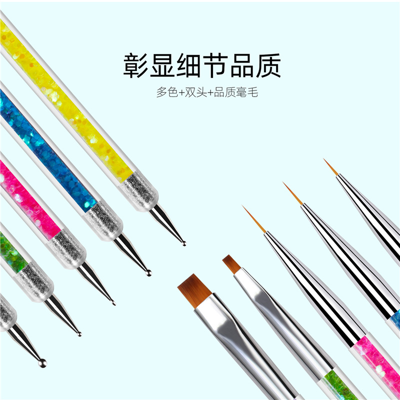 Yujia manicura herramientas al por mayor de doble cabeza rhinestone dibujo pluma lentejuelas paquete 5 piezas traje de doble uso pintura pluma