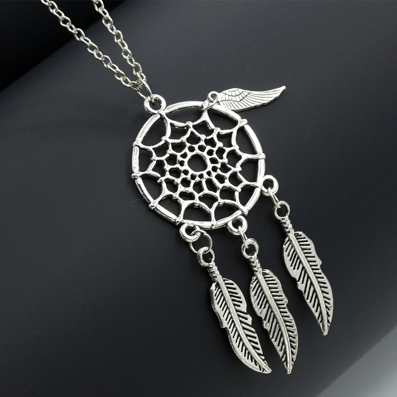 European and American foreign trade jewelry turquoise tassel feather necklace fashion alloy hollow sweater chain