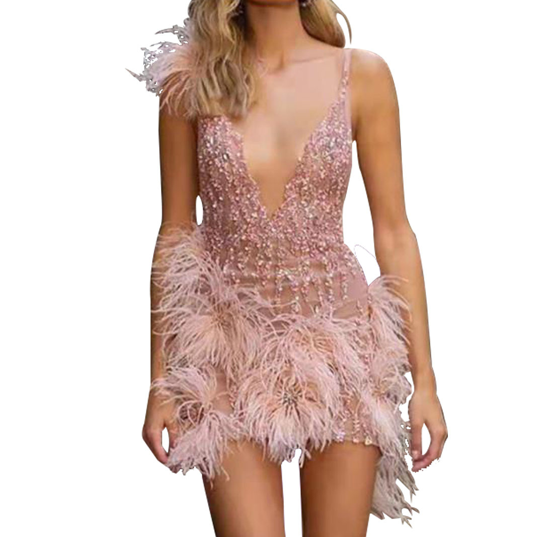 Vestido de Fiesta Sexy con Escote Profundo en V y Tirantes de Plumas, Estilo Europeo y Americano 2025, Suministro para Comercio Exterior