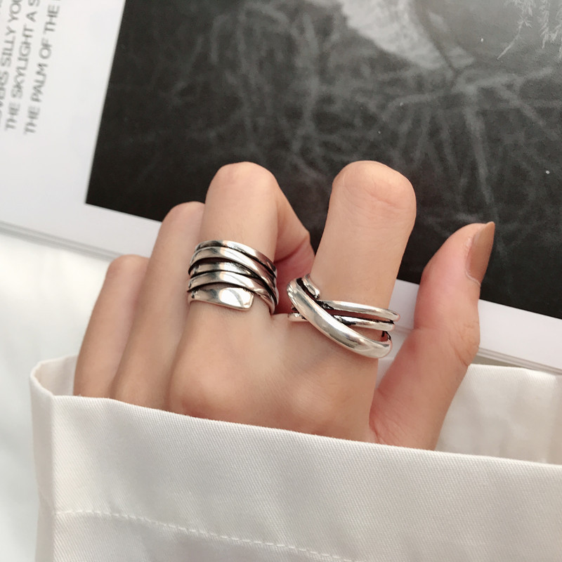 Korean Dongdaemun Thai Silver Ring Women's Retro Multi-layer Winding Irregular Line Ring Opening Ring Adjustable