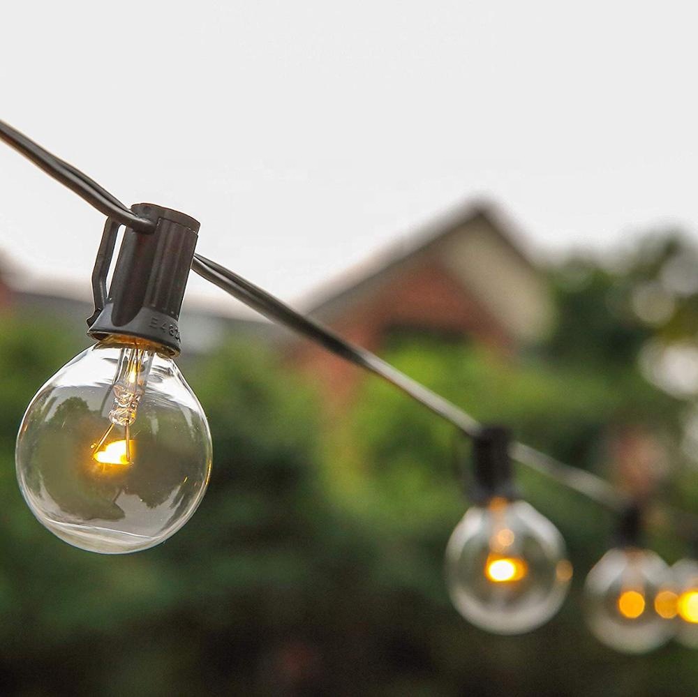 Venta directa de fábrica, luces decorativas de cadena LED G40 de cristal amarillo cálido de 120V para exteriores, impermeables, con función de atenuación