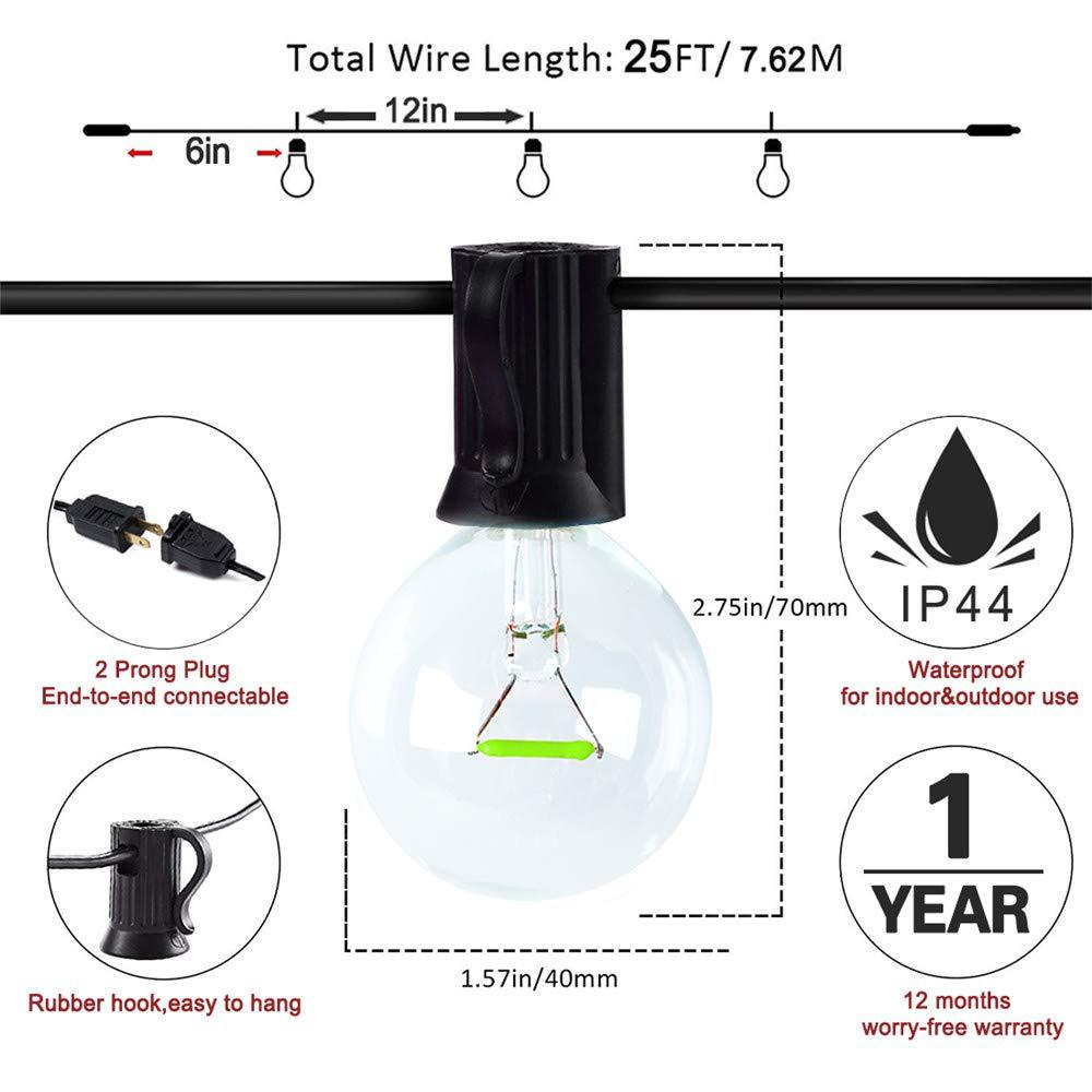 Venta directa de fábrica, luces decorativas de cadena LED G40 de cristal amarillo cálido de 120V para exteriores, impermeables, con función de atenuación
