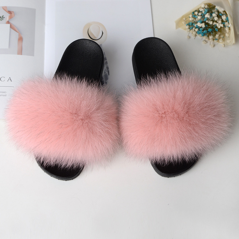 Moda real piel zorro pelo zapatillas mujer verano una palabra piel mujeres desgaste sandalias playa zapatillas mujeres