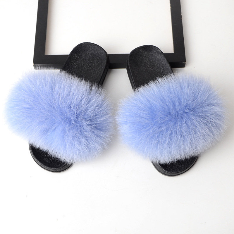 Moda real piel zorro pelo zapatillas mujer verano una palabra piel mujeres desgaste sandalias playa zapatillas mujeres