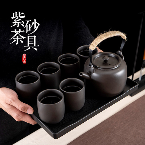 Complete set of purple sand kung fu tea set, ceramic home living room modern lifting kettle, large teapot, teacup and teatray set
