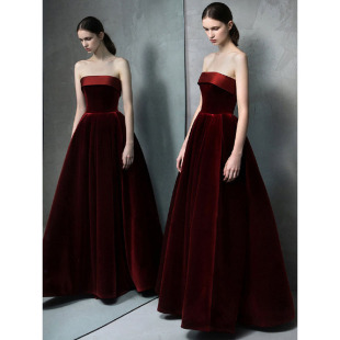 Wine Red Toasting Dress Women's 2023 New Fashion Strapless Dress Wedding Banquet Annual Meeting Dress Bride Back Door