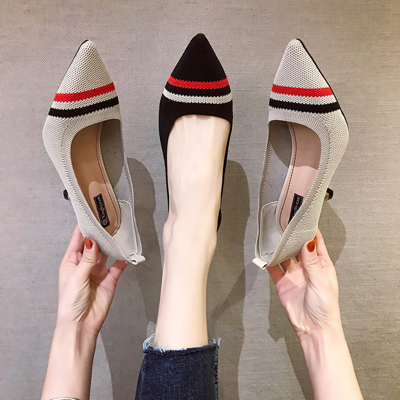 2024 Spring and Autumn European and American Export Striped Shallow Mouth Pointed Toe Stiletto Ins Style Workplace Expert Fashion Trend