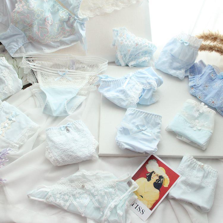 Japanese Blue Mesh Cute Girl's Mid-Waist Breathable Underwear Blue Cute Flannel Comfortable Ladies Underwear