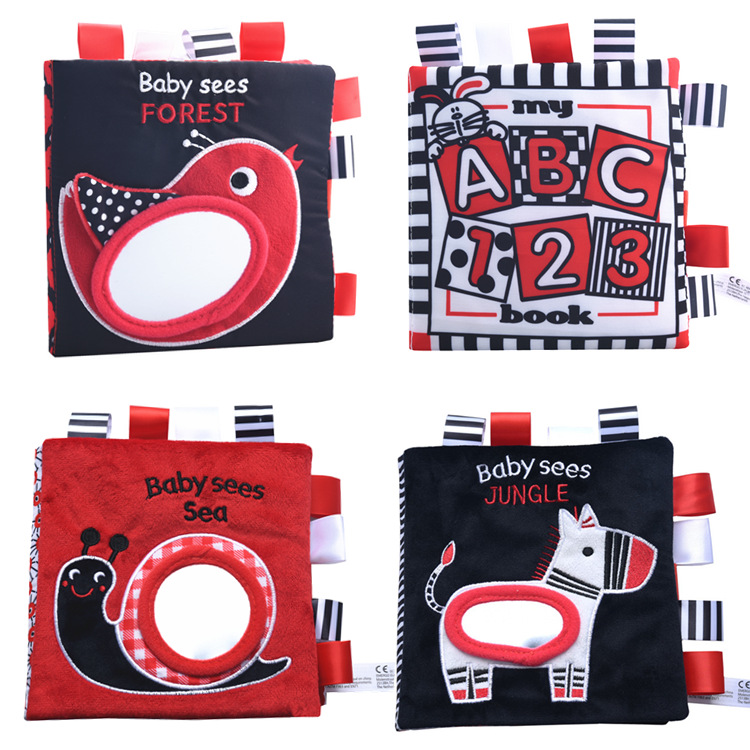 Bebé estimulación visual libro de tela Negro Blanco Rojo Ilustración juguete animal Etiqueta Marina libro de tela tridimensional libro de tela de educación temprana libro de tela