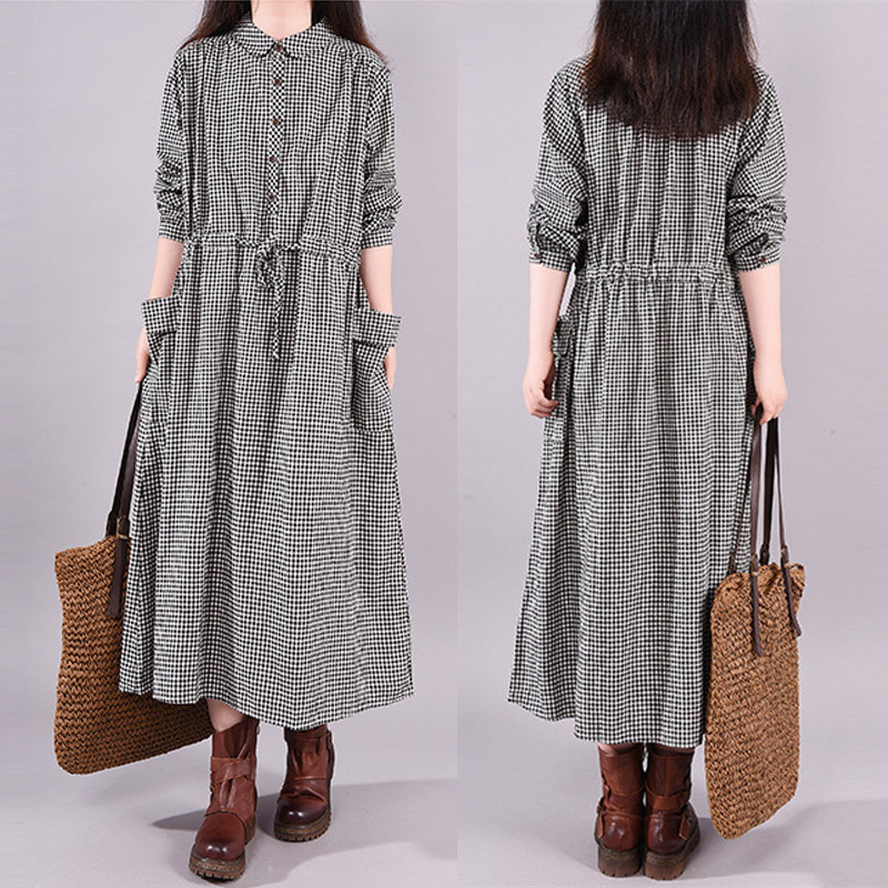 Korean-style Loose Stitching Cotton and Linen Plaid Long-sleeved Dress Women's Lace-up Waist Mid-length 2022 Spring New