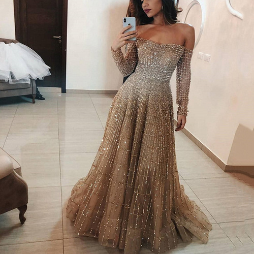 SC2031 Internet celebrity new style long autumn and winter shiny one-shoulder long-sleeved tube top dress