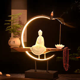 禅意中式紫砂陶瓷人物夜灯倒流香炉客厅桌面室内沉香香薰摆件白瓷