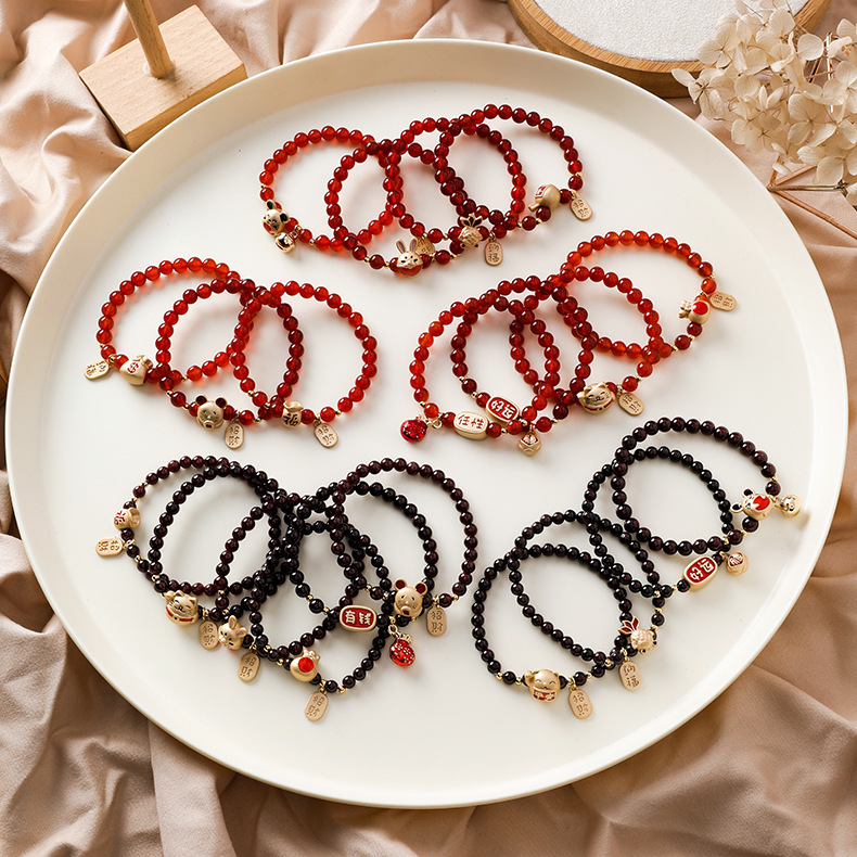 New Year Edition Natural Red Agate Garnet Crystal Bracelet Single Circle Men's and Women's Style Pendant Bracelet Jewelry Wholesale