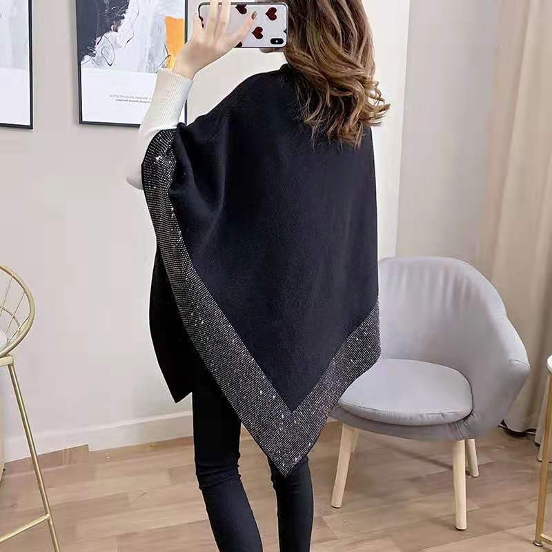 Nuevo rhinestone caliente fuera del cuello de la camisa del Batwing pin camisa de las mujeres pullover temperamento diosa estilo adelgazante versátil primavera y otoño chal exterior