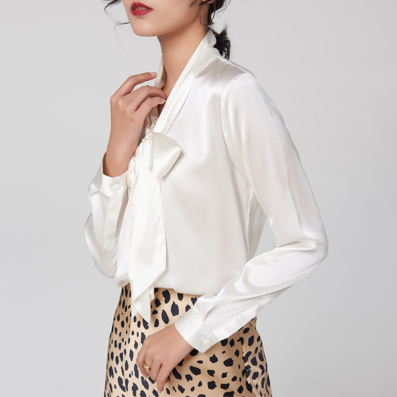 Heavy Weight Mulberry Silk Ribbon Shirt Women's Spring & Fall New Long-Sleeved Bottoming V Neck Bow Women's Silk Shirt