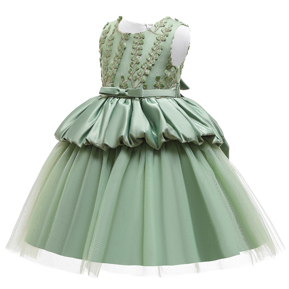 2024 New Children's Dress Embroidered Small Bow Princess Dress Mesh Puff Dress Cake Dress Satin Evening Dress