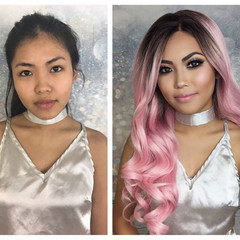 Design and produce a wig pattern for a European and American style, gradually colored, long curly hair, light pink, long hair, large waves, synthetic silk wig cap.