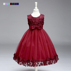 2024 Western and European Children's Dress with Bow, Princess Dress, Sparkling Floral Children's Wedding Dress, Manufacturer's Supply