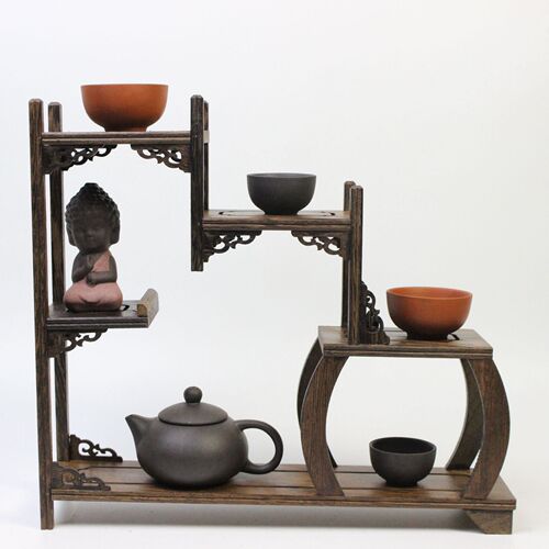 Chicken-wing wood small display shelf, teapot stand, tea set, porcelain vase, multi-treasure cabinet, miniature display shelf—Chinese-style decor