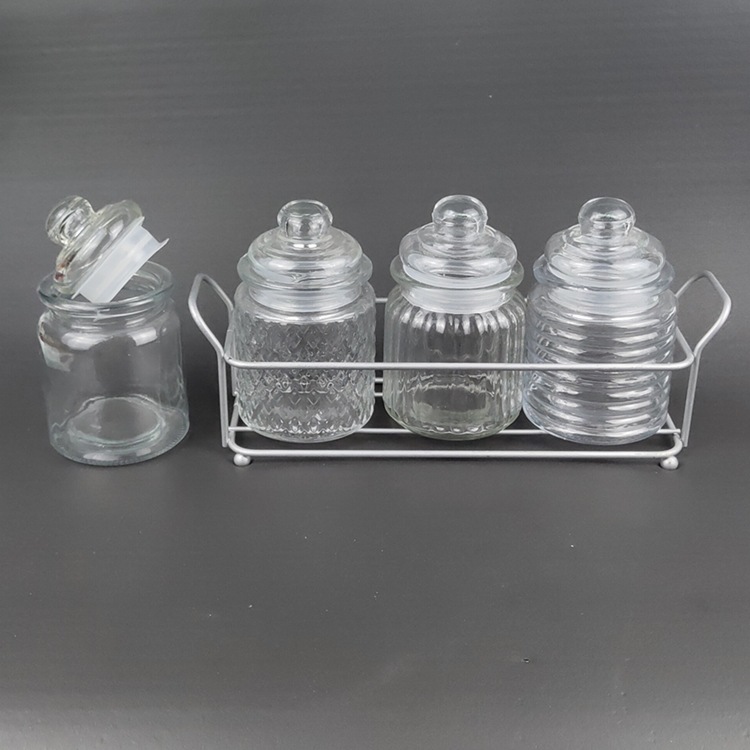 300kl玻璃圆形储物罐喷塑铁架  茶叶存储玻璃瓶