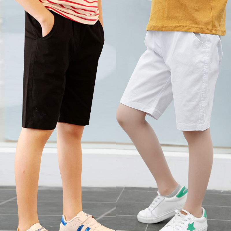 Children's white shorts for boys, solid black casual cotton five-point pants for girls, suitable for medium and large children, and shorts for student performances.