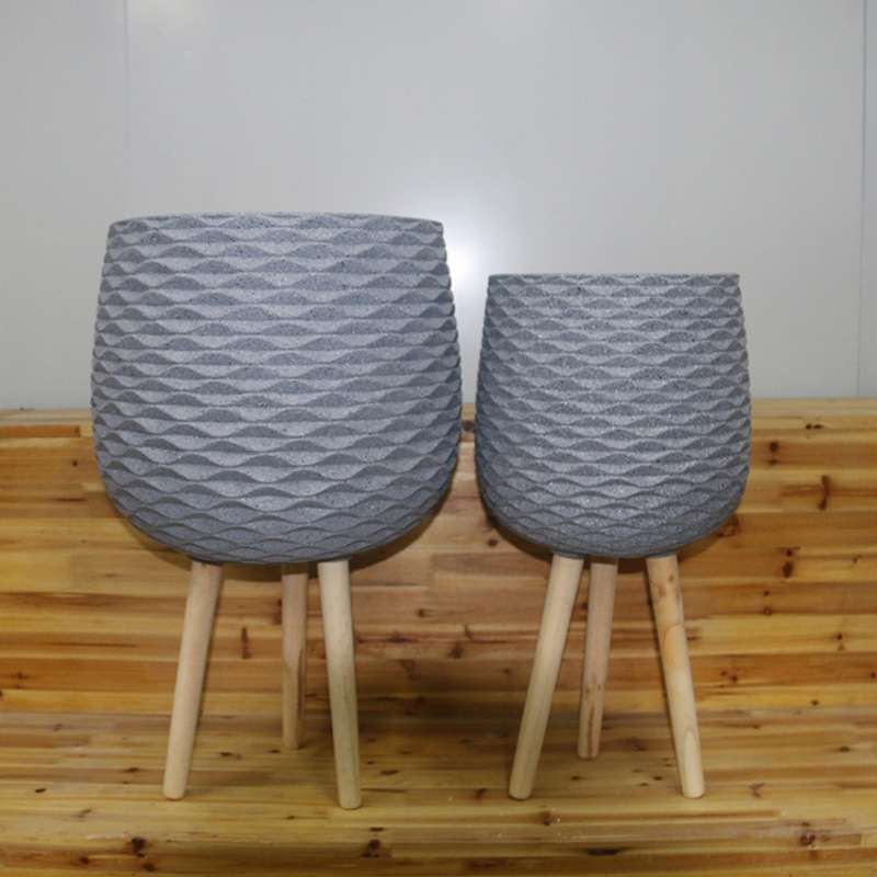Scandinavian Modern Flower Pot with Wavy Pattern Cement Flower Pot Floor-Standing Large Dark Gray Flower Vat with Wooden Legs Magnesium Mud Pot Matte