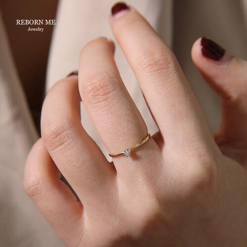 Jane~S925 sterling silver plated 14K gold ring for women Japanese and Korean version inlaid with diamonds and zircons extremely fine single diamond ring tail ring ring