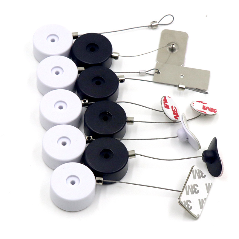 供应可打孔圆形伸缩防盗拉线盒体验柜小商品钢丝防盗绳自动回缩