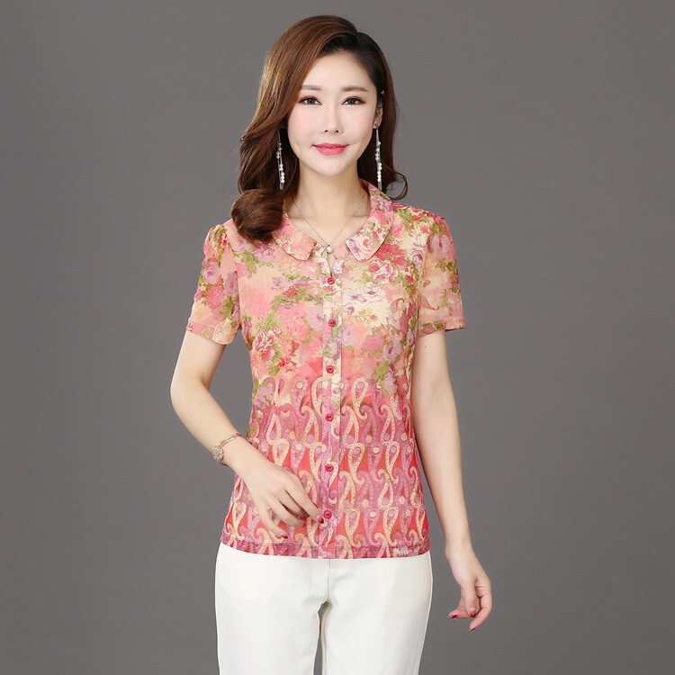 Summer Short-Sleeved Women's Clothing for Middle-Aged and Elderly Women, Made of Taiwanese Gauze, Slim-Fit Pullover with Gold Powder Painting, Stylish Mother's Wear