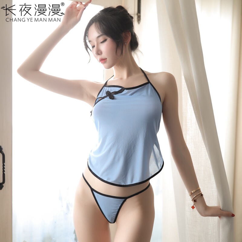 Long Night New Style Sexy Underwear Republic of China Cheongsam Uniform Women's Sexy Underwear Perspective Dress Nightdress