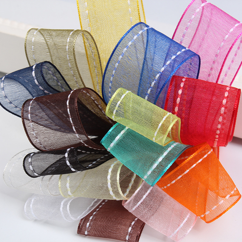 工厂现货批发韩国双跳线雪纱带花材蝴蝶结织带淘宝一件代发