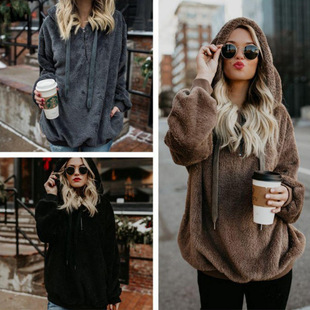 Cross-Border European and American Amazon Wish Autumn and Winter New Plush Women's Long-Sleeved Hooded Loose Sweatshirt Fleece Jacket